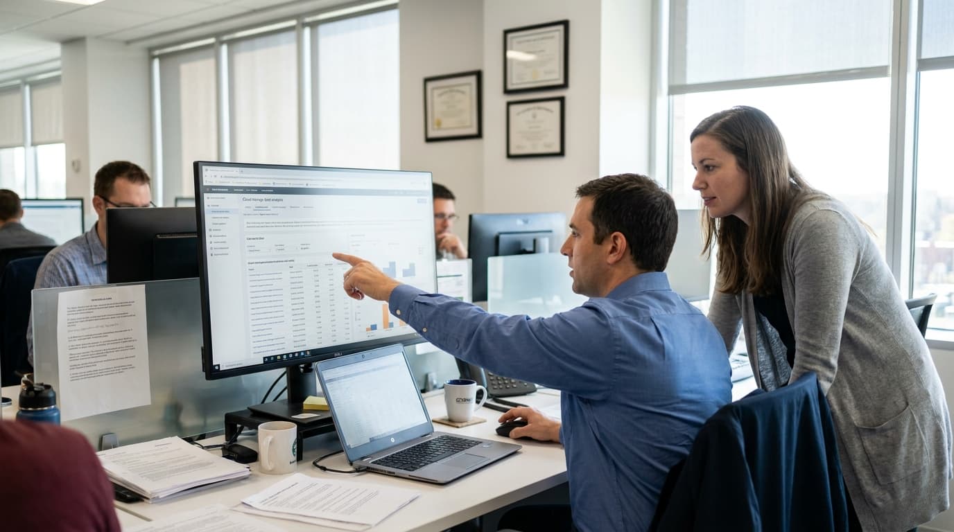 Two technology professionals in an office analyzing cloud storage usage data on a large computer screen.