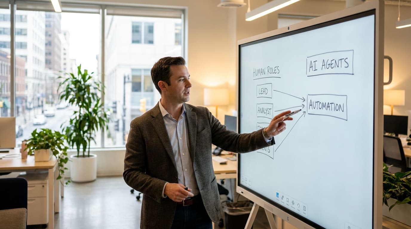 A manager in a suit draws a new organizational chart on a digital whiteboard, integrating AI agents into a human team.