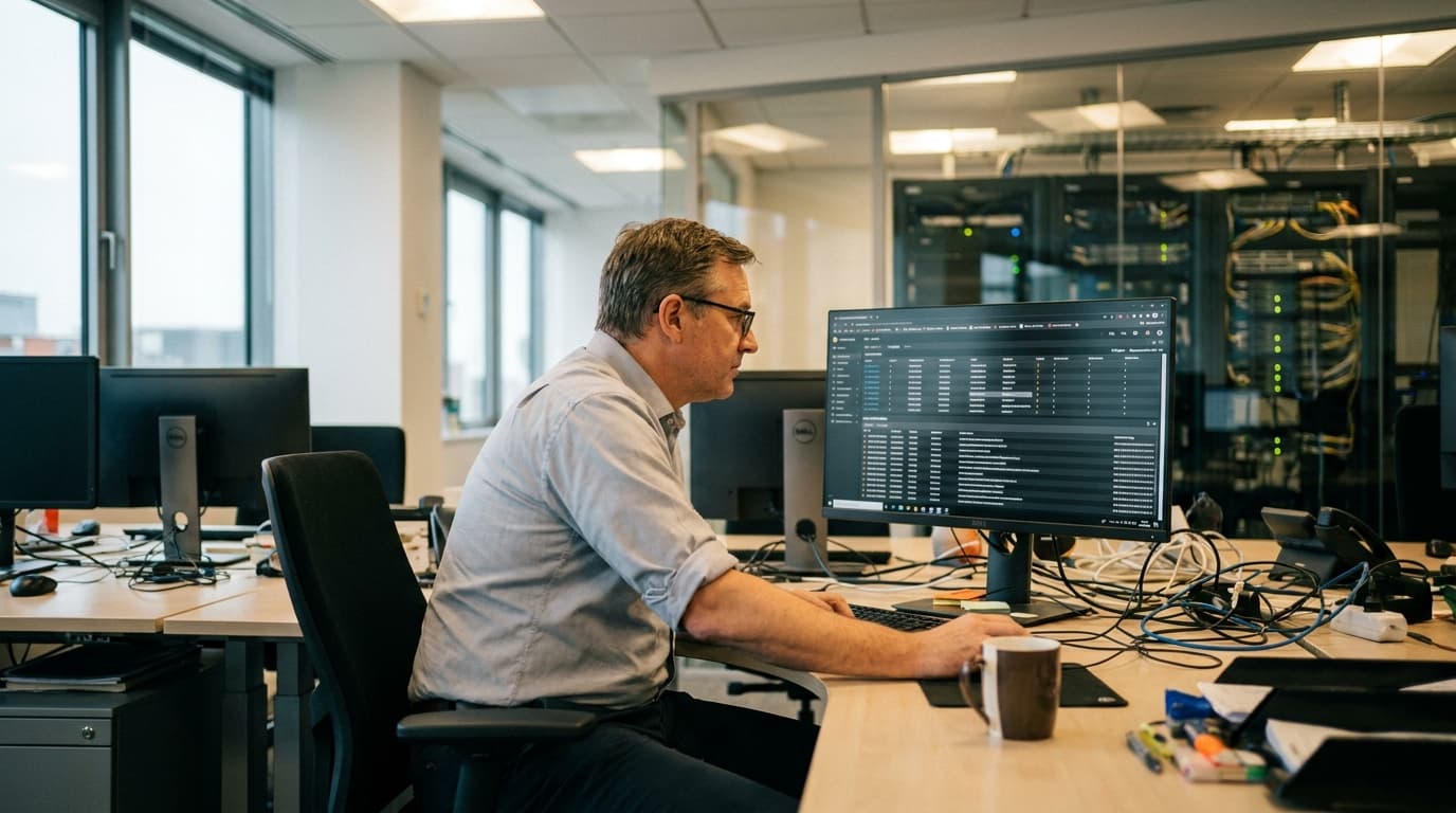 A security professional works at a computer displaying an access management dashboard in a corporate data center office.