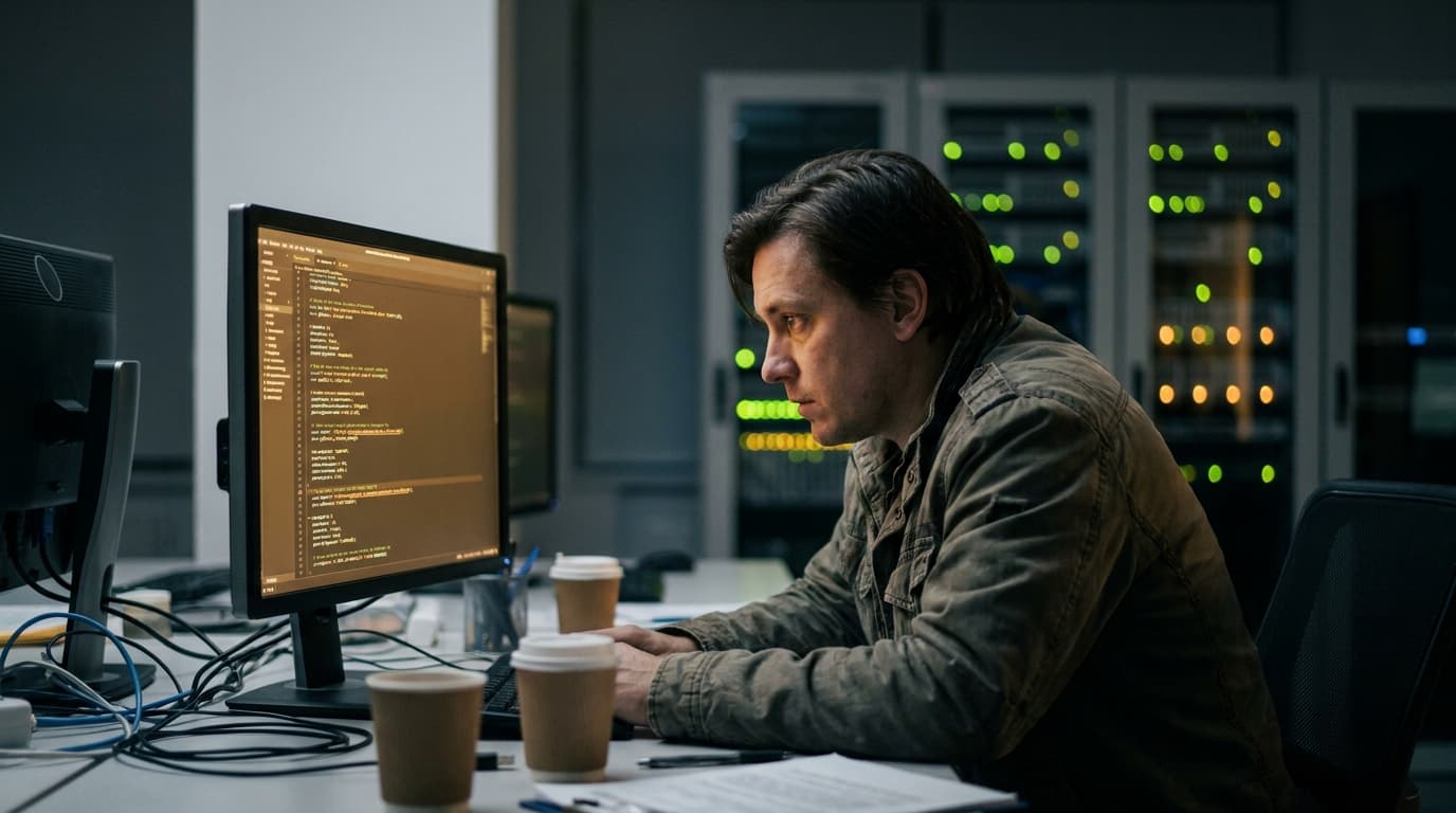 A security analyst studies code on a computer screen in an office with server racks in the background.