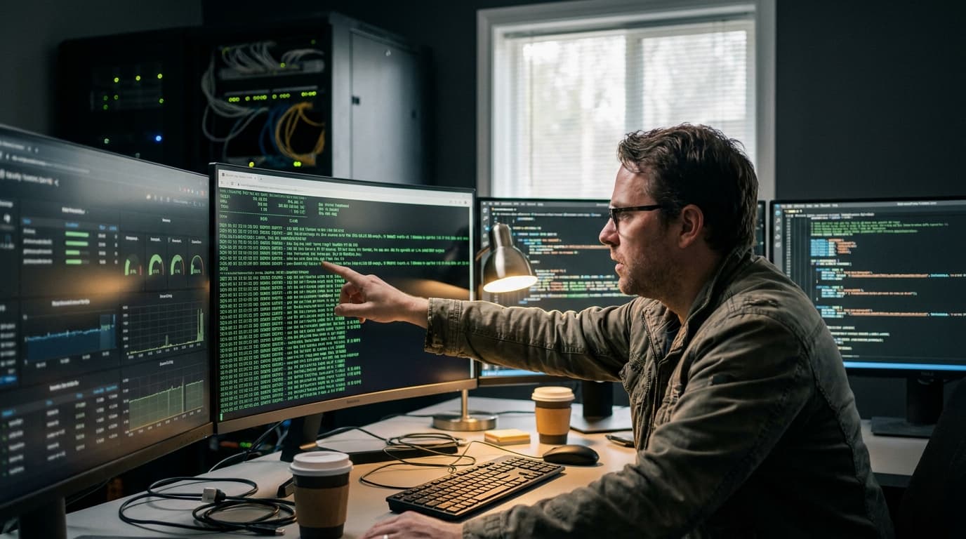 A security analyst in an office points at a computer screen showing lines of data, investigating a potential system breach.