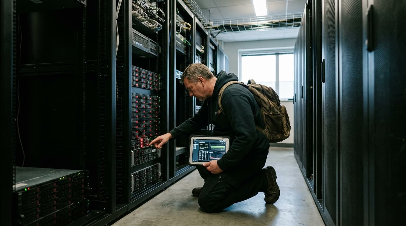 A network engineer in a data center inspects a server rack while reviewing information on a tablet.