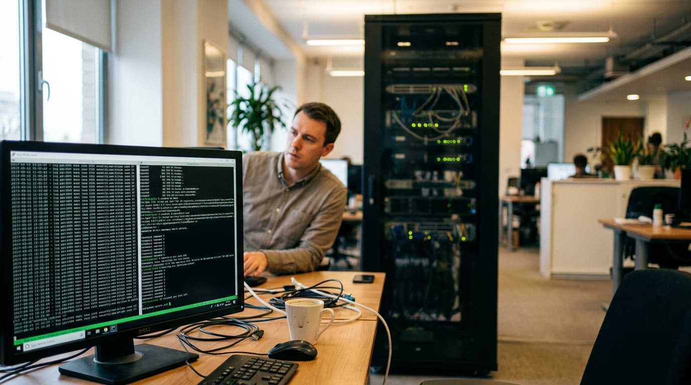 A network administrator works at a computer console, with a rack of blinking server hardware visible in the data center behind them.
