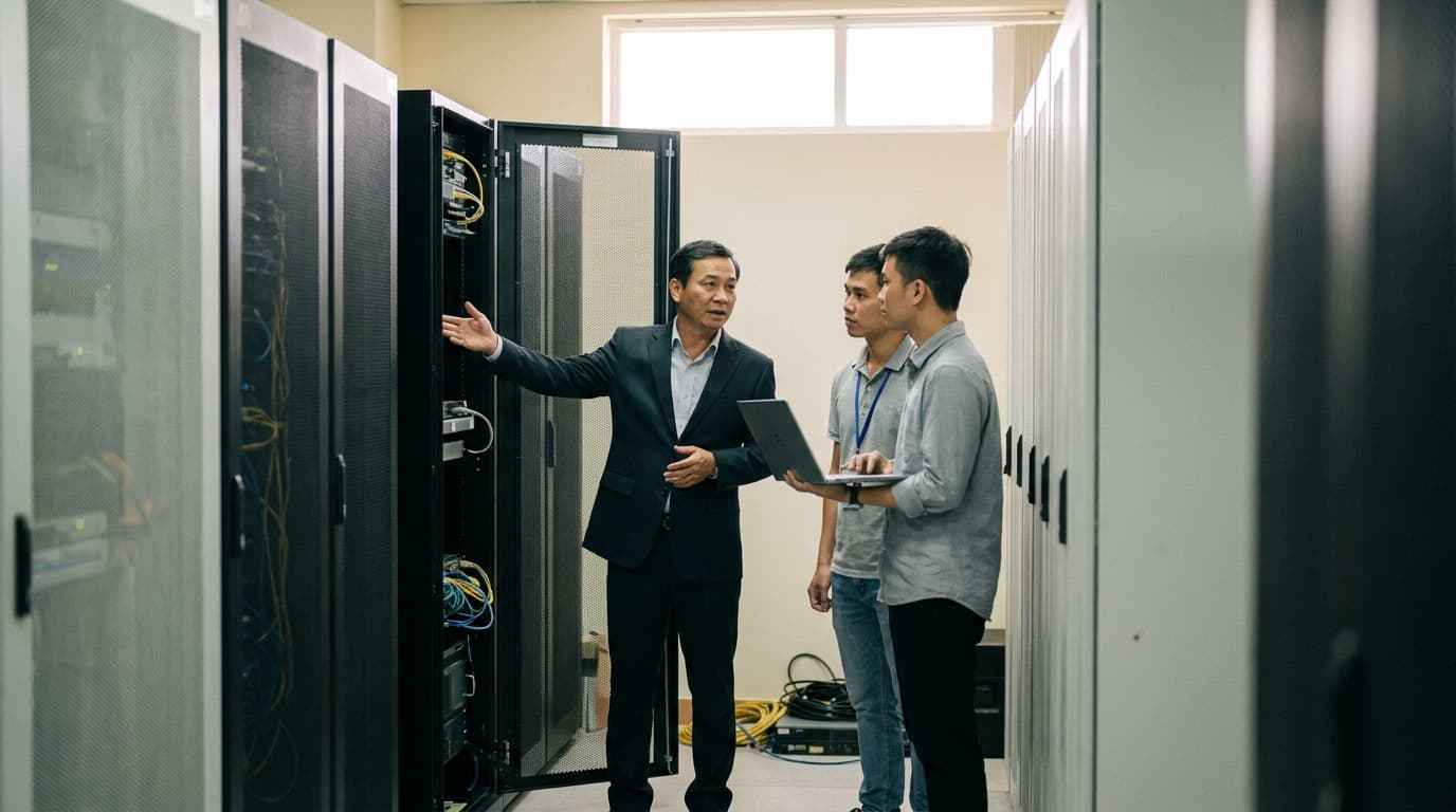 An IT leader discusses a project with two engineers in front of server racks inside a secure data center.