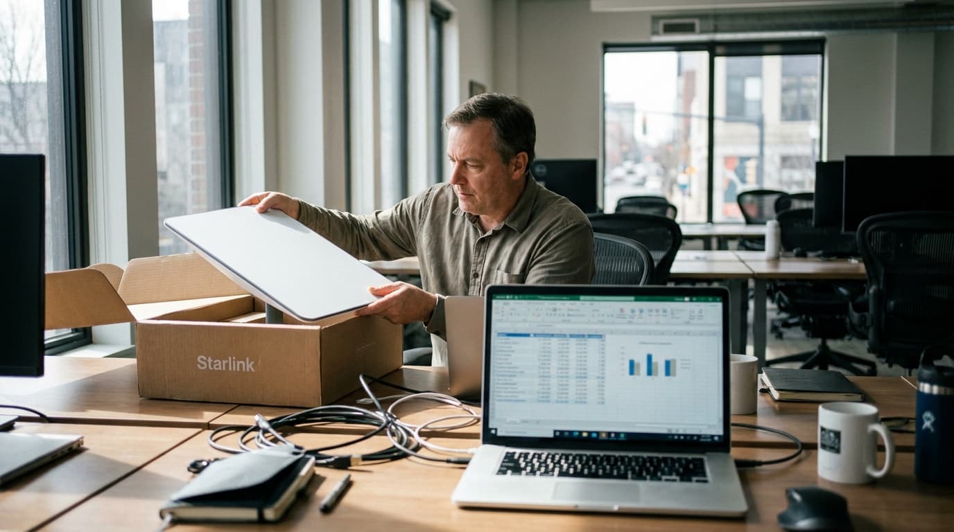 An IT professional examines a Starlink satellite dish on an office desk next to a laptop showing a spreadsheet.