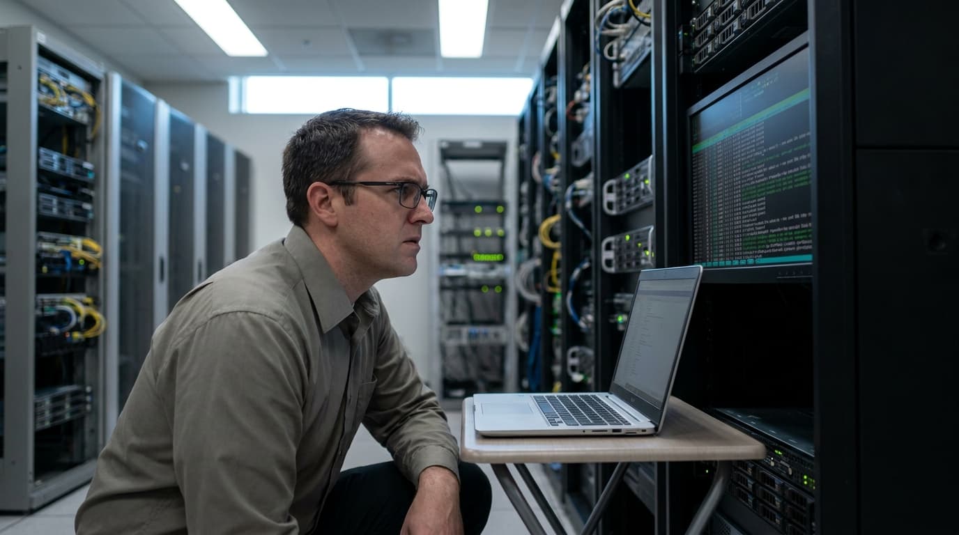 A network administrator works on a laptop in front of a rack of servers in a data center, addressing a security issue.