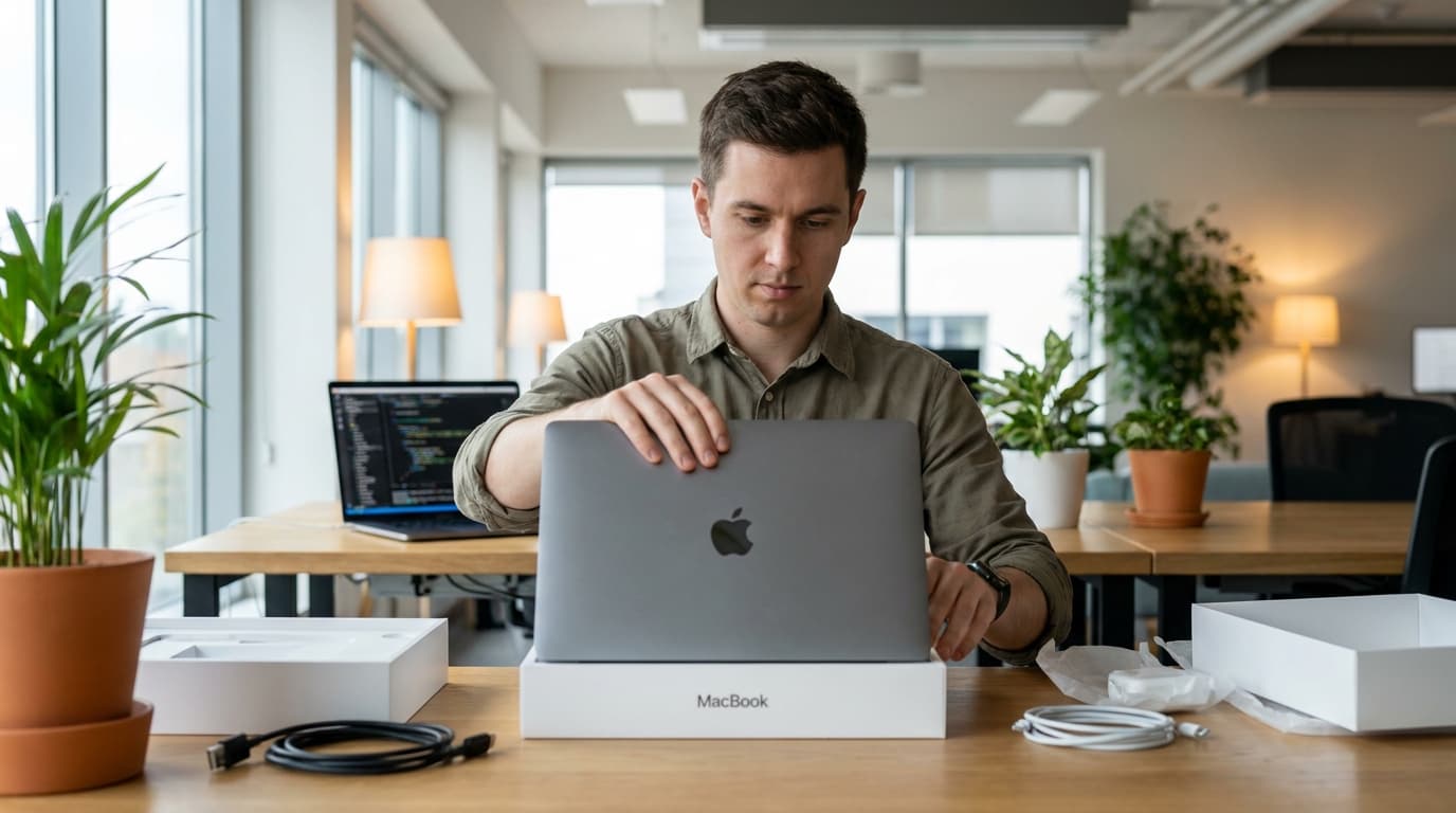 An IT administrator sits at a clean desk in an office, carefully lifting a new silver MacBook out of its box.