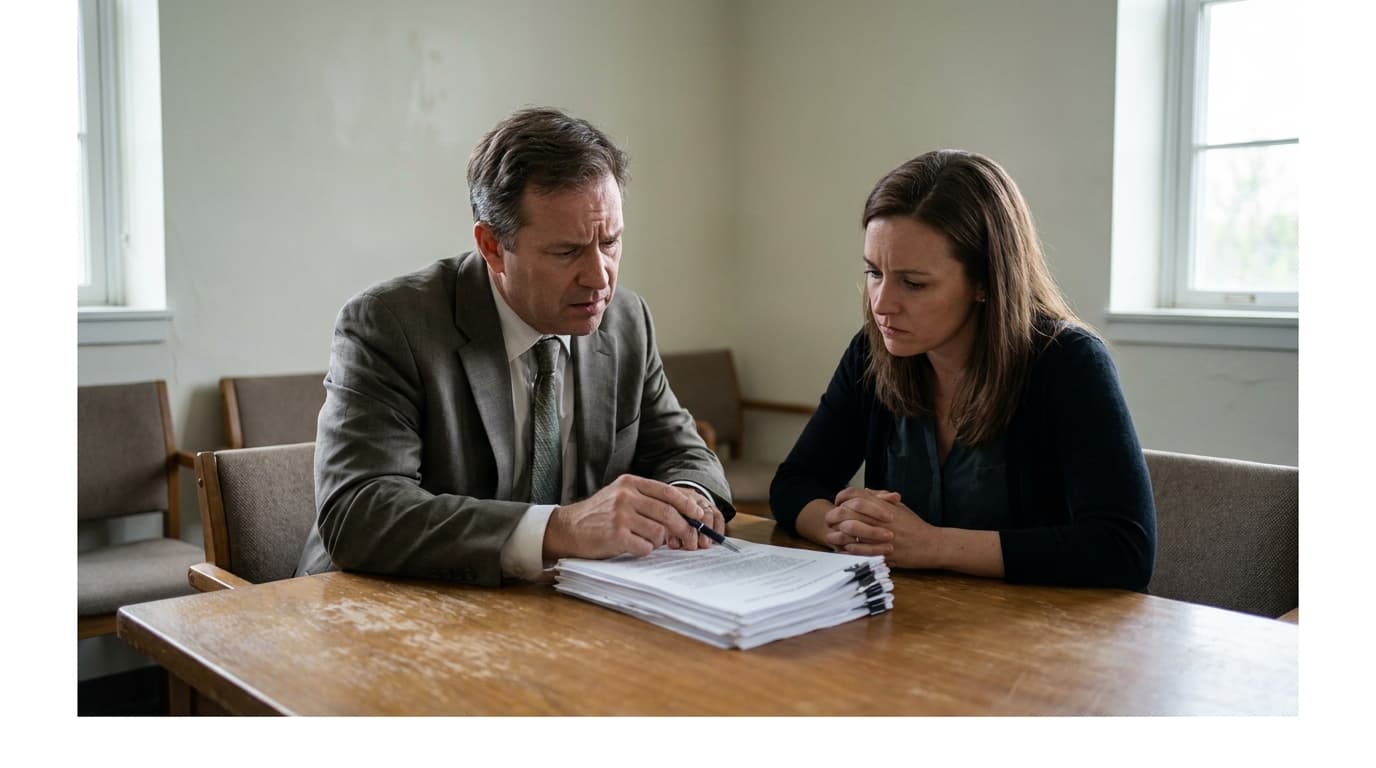 A lawyer and their client sit at a table, seriously discussing legal papers in a plainly furnished meeting room.