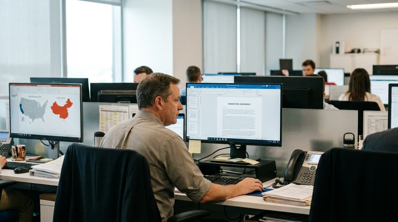 An analyst at a desk reviews a vendor risk assessment document on a computer screen.