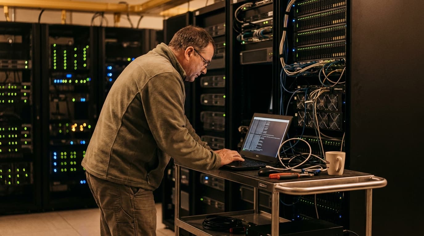 A network engineer works on a laptop in a data center, with server racks visible in the background.