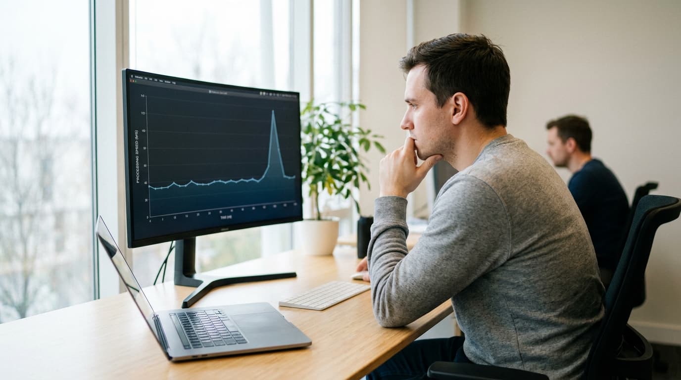 A developer in an office looks at a monitor displaying a graph with a sharp increase, indicating improved performance.