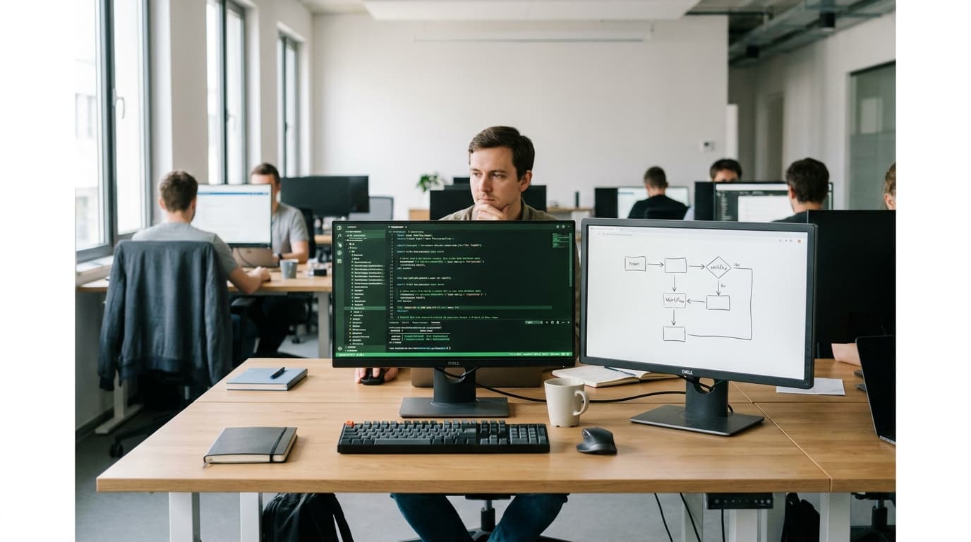 A developer sits at a desk with two monitors, one showing database code and the other showing a workflow chart.