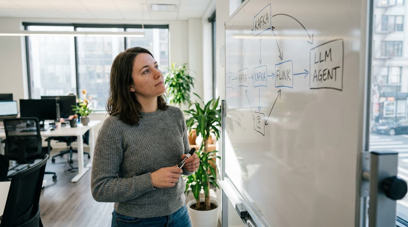 An engineer sketches a system architecture diagram involving Kafka and Flink on an office whiteboard.