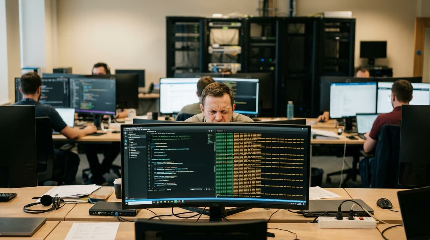 A security analyst in an office environment reviews security alerts on a large computer monitor.