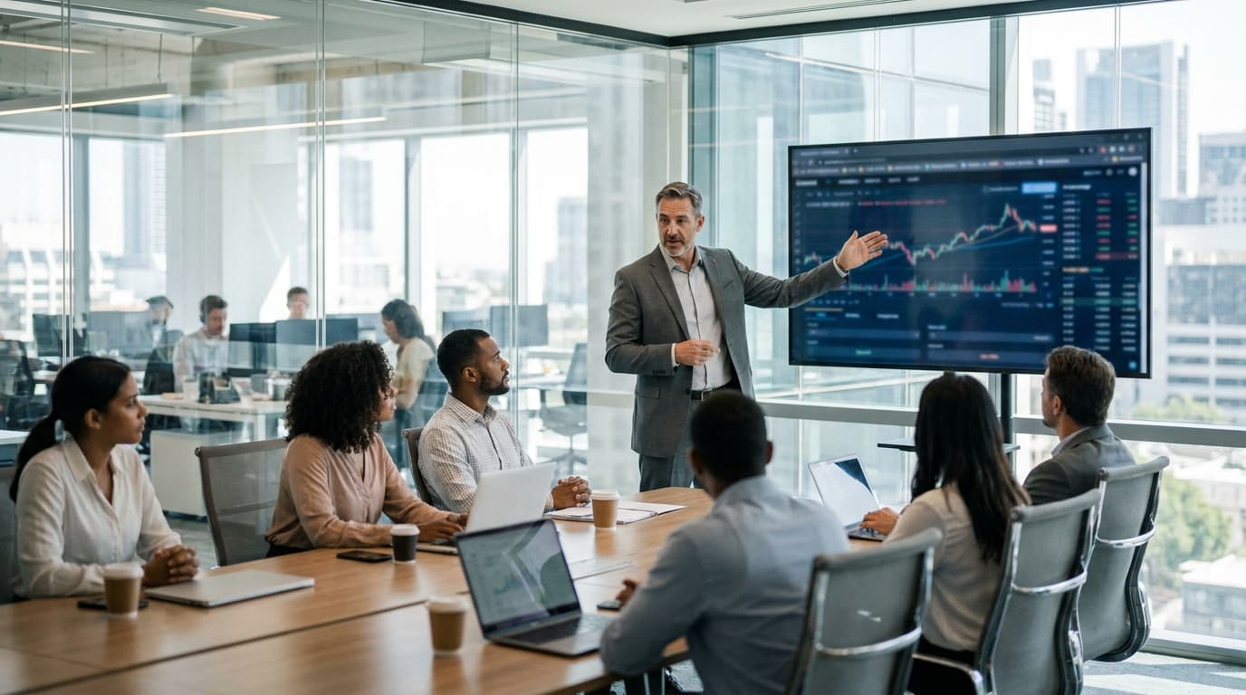 A Chief Information Officer presents a technology strategy to a team in a modern conference room, pointing at a screen with graphs.