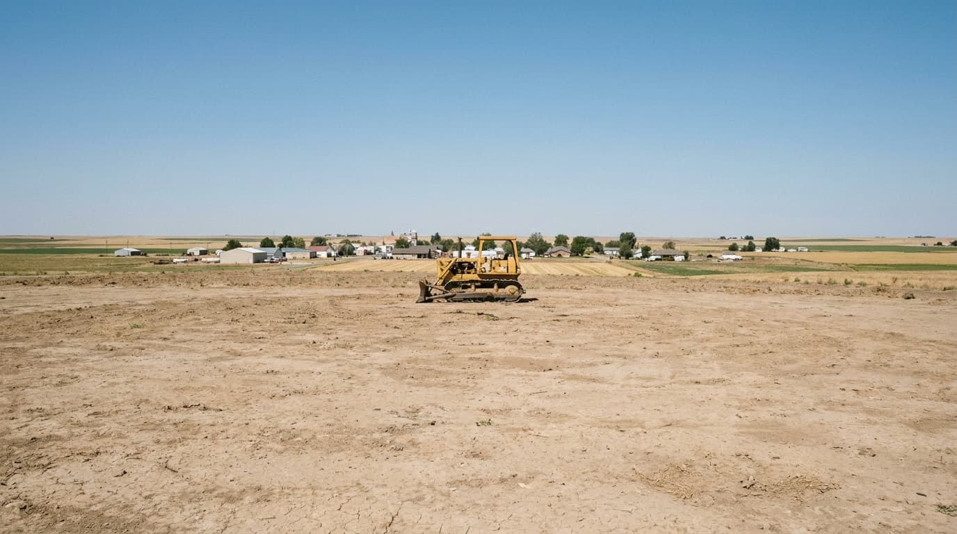 An empty plot of land designated for a new data center, with a small town visible in the distance.