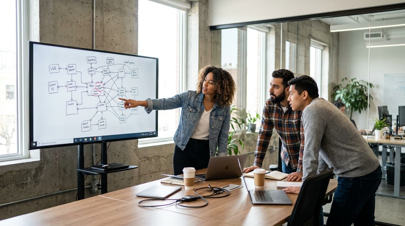 Three software engineers discuss a document data structure diagram shown on a large monitor in an office meeting room.
