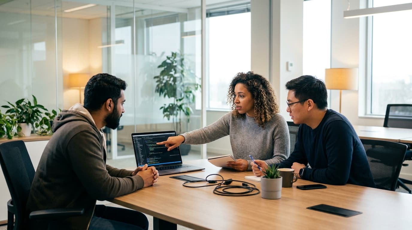 Three software engineers collaborating around a laptop in a modern office meeting room.