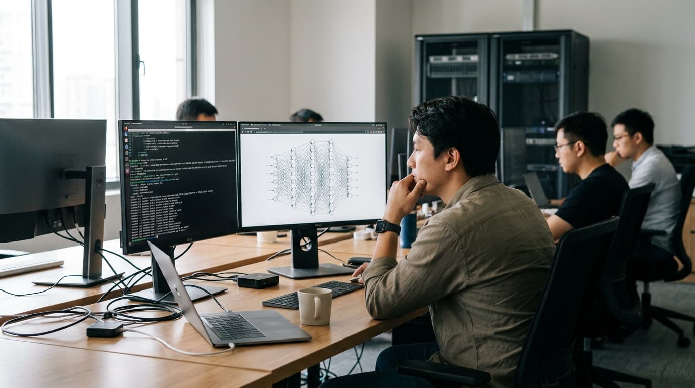 A developer sits at a desk, comparing lines of code on one screen with a data visualization on another screen.