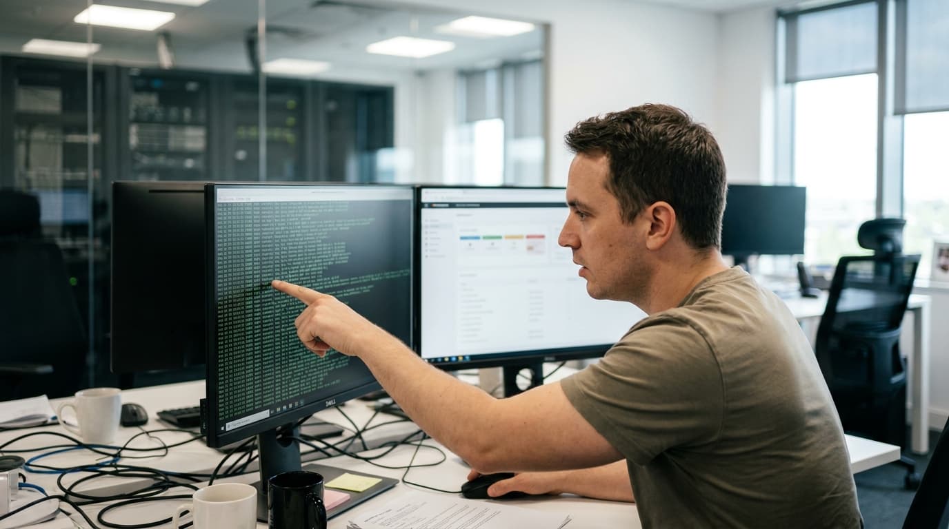 A security professional in an office environment reviews security logs on a computer screen to investigate a potential breach.