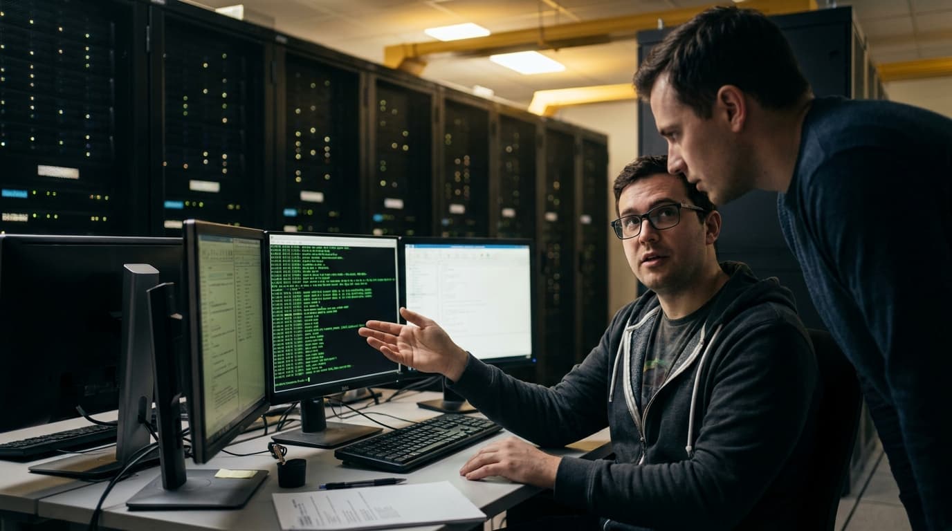 Two engineers in a data center review security code on a computer screen with server racks visible behind them.