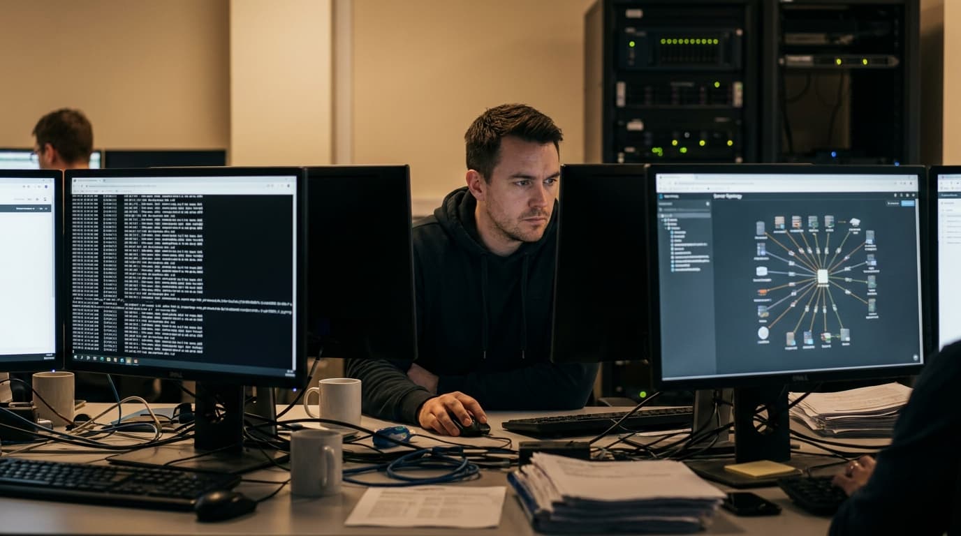 A security analyst in a dark office reviews network data on multiple computer monitors during a cybersecurity incident response.