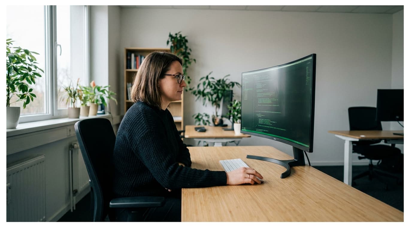 A software developer works at a clean desk, focused on the code displayed on their computer monitor in a modern office.
