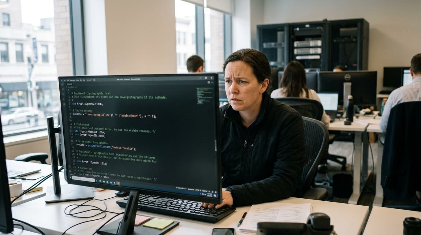 A developer reviews lines of security-related code on their computer monitor in an office setting.