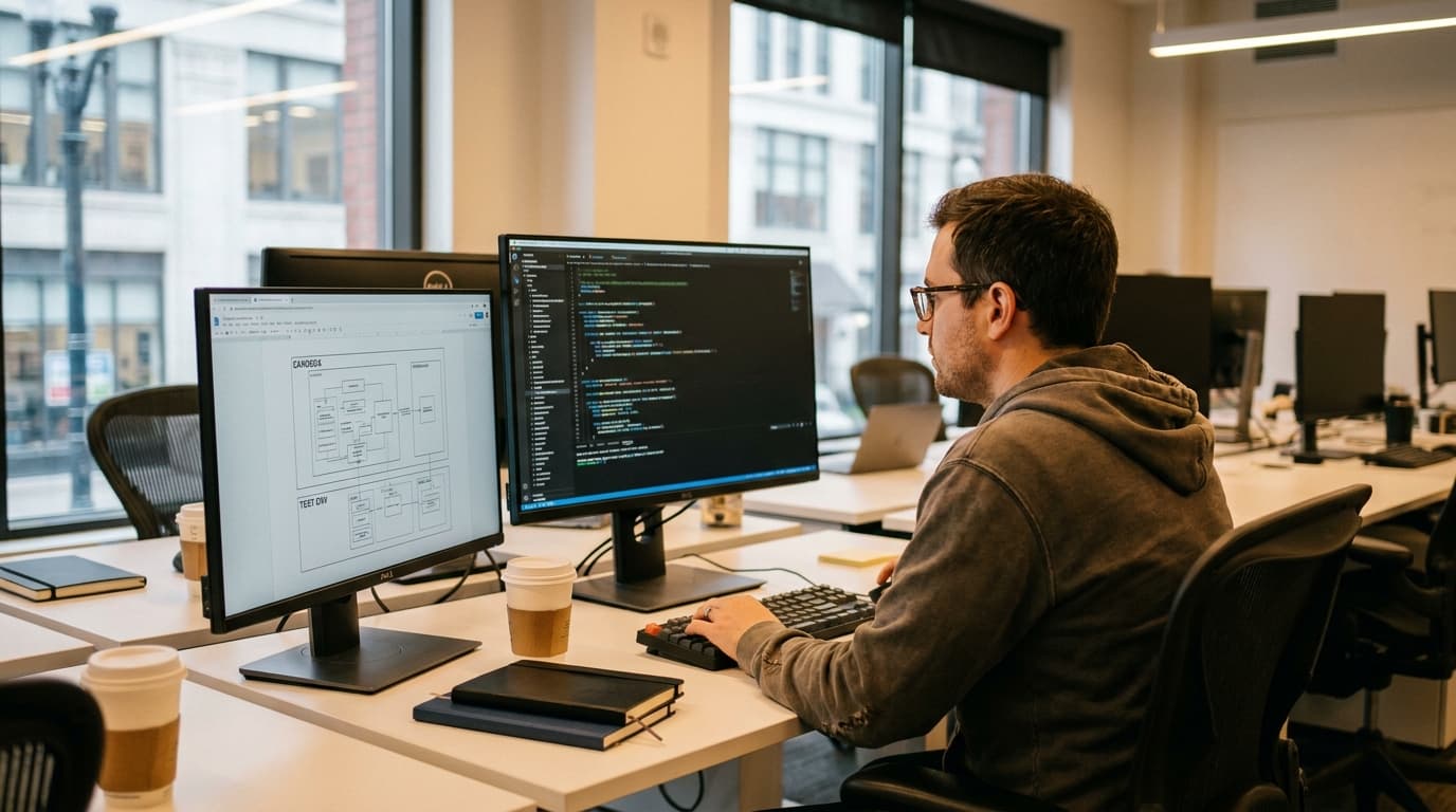 A software developer reviews code on one screen while a diagram of a cloud testing environment is visible on a second screen.
