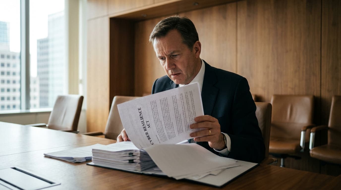 A person in business attire sits at a conference table, carefully reading a document about the EU's Cyber Resilience Act.