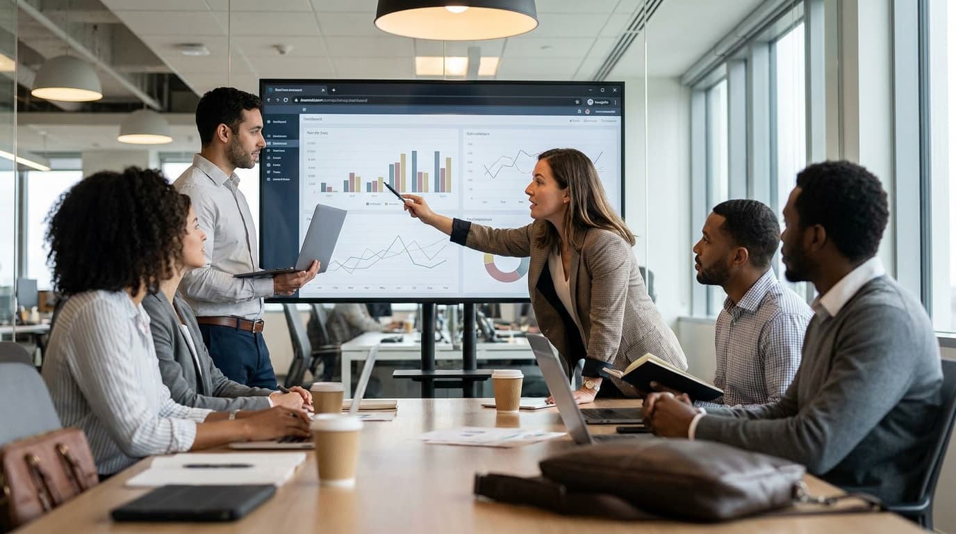 A group of financial analysts in a business meeting discusses data shown on a large monitor in a modern office.