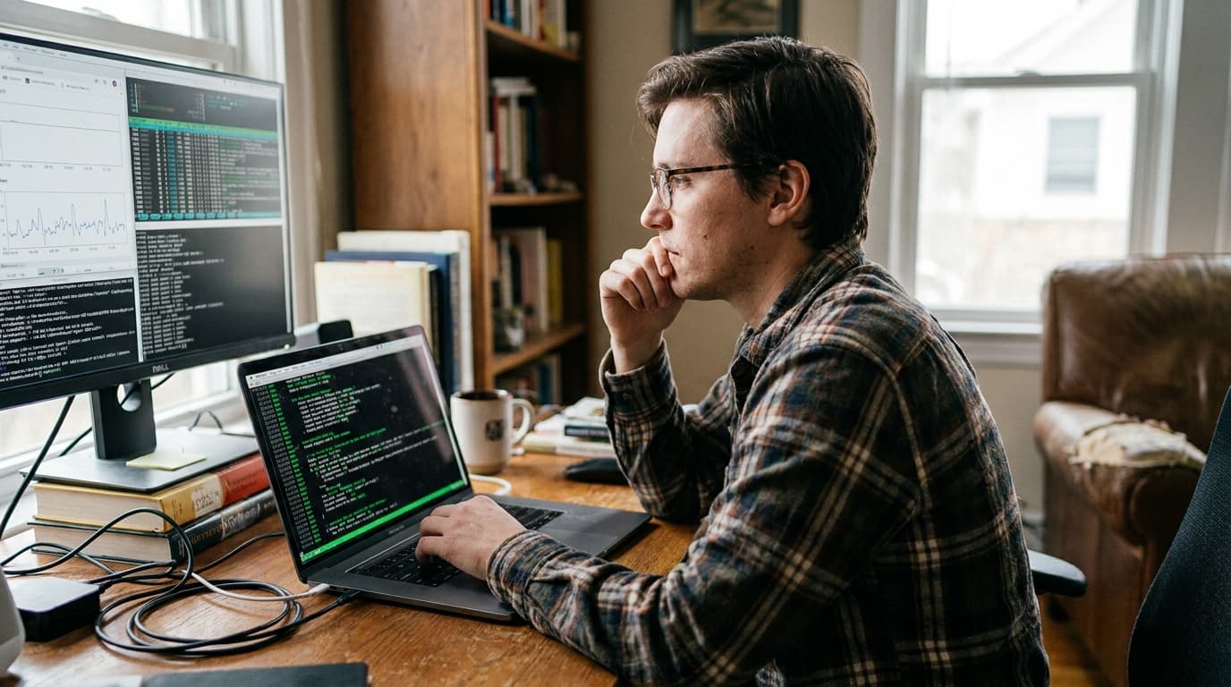 A software developer sits at a desk with a laptop and second monitor, focused on the code displayed on the screen.