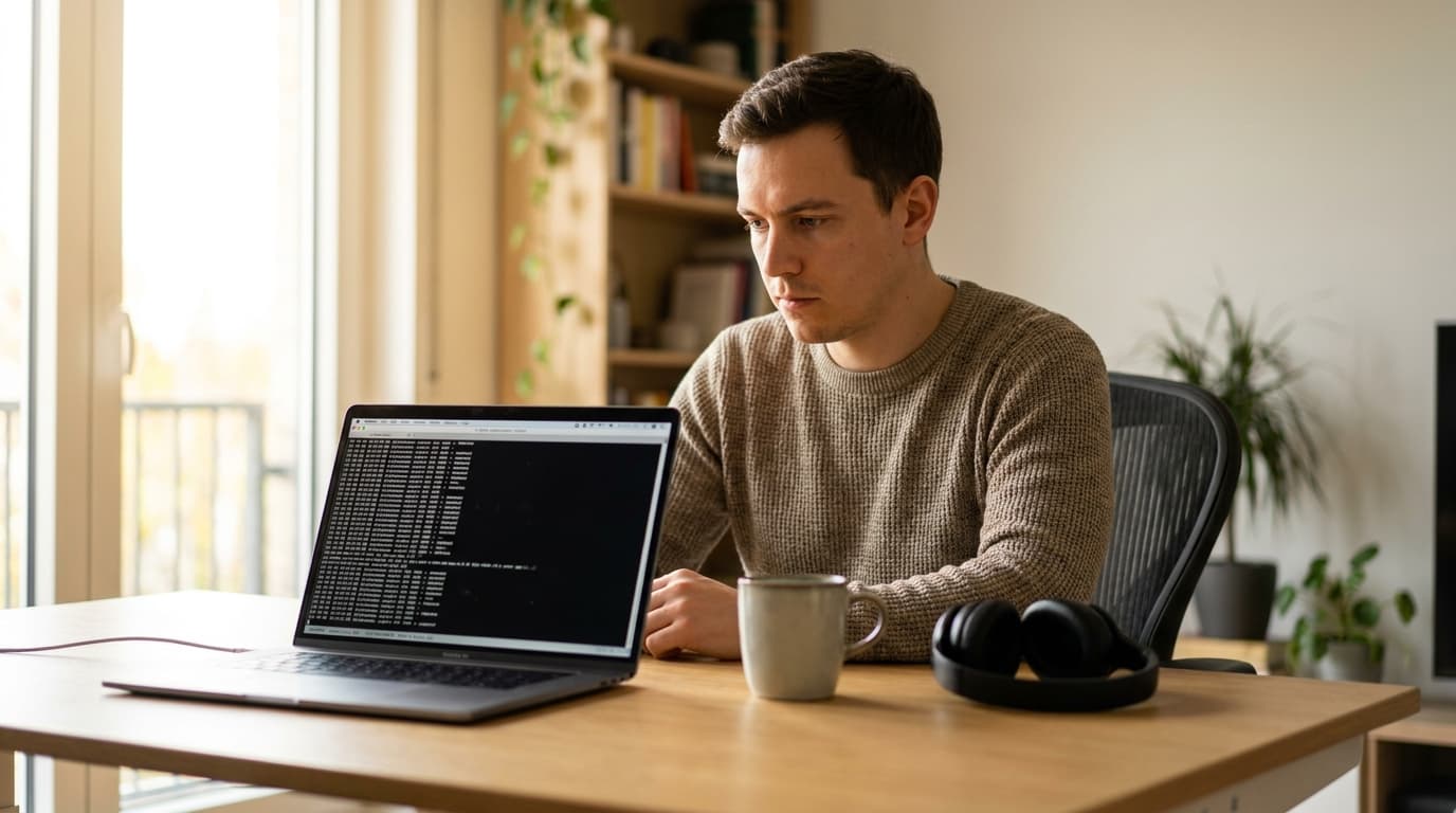 A developer in an office environment reviews code related to npm packages on their laptop.