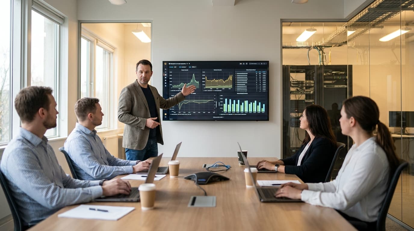 A security executive presents a strategy to her team in a conference room, pointing at a large screen with security data charts.