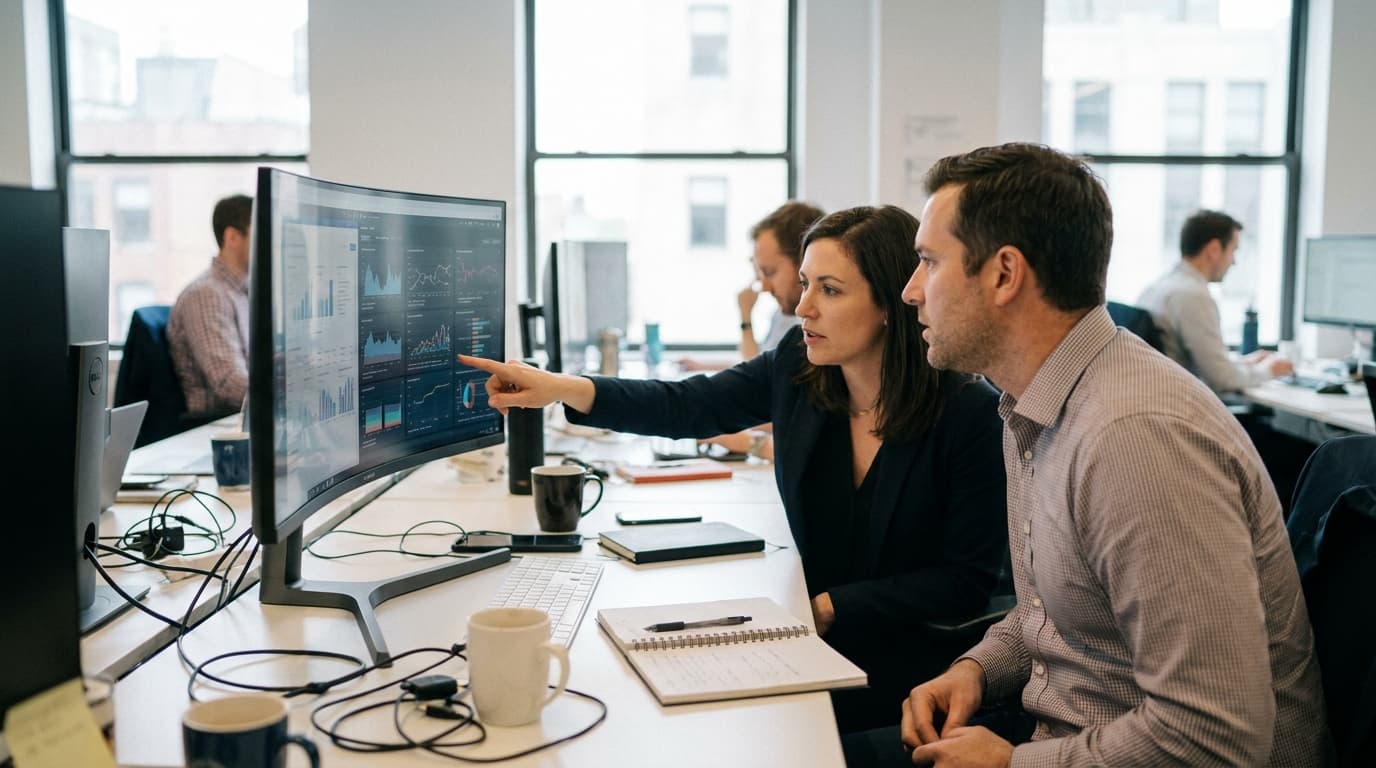 Two colleagues in an office collaborating over a data dashboard displayed on a computer monitor.