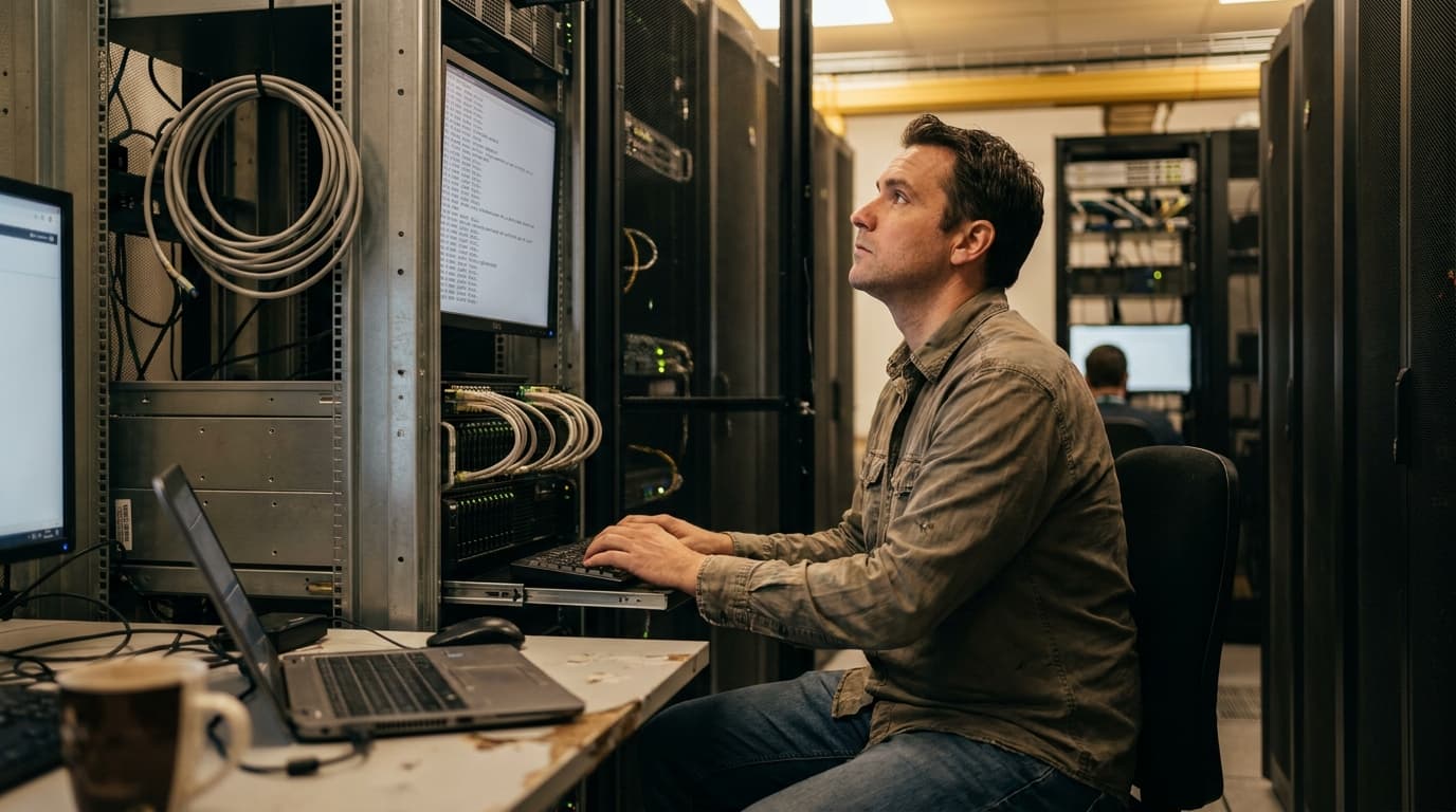 A security professional works on a computer terminal in a data center, responding to a critical software vulnerability.
