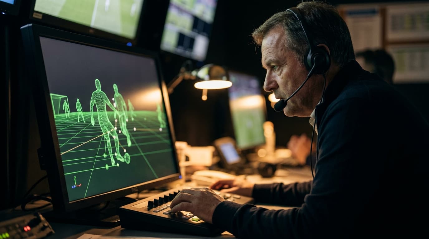 A soccer referee in a video review room looks at a screen showing a 3D model of players on a pitch.