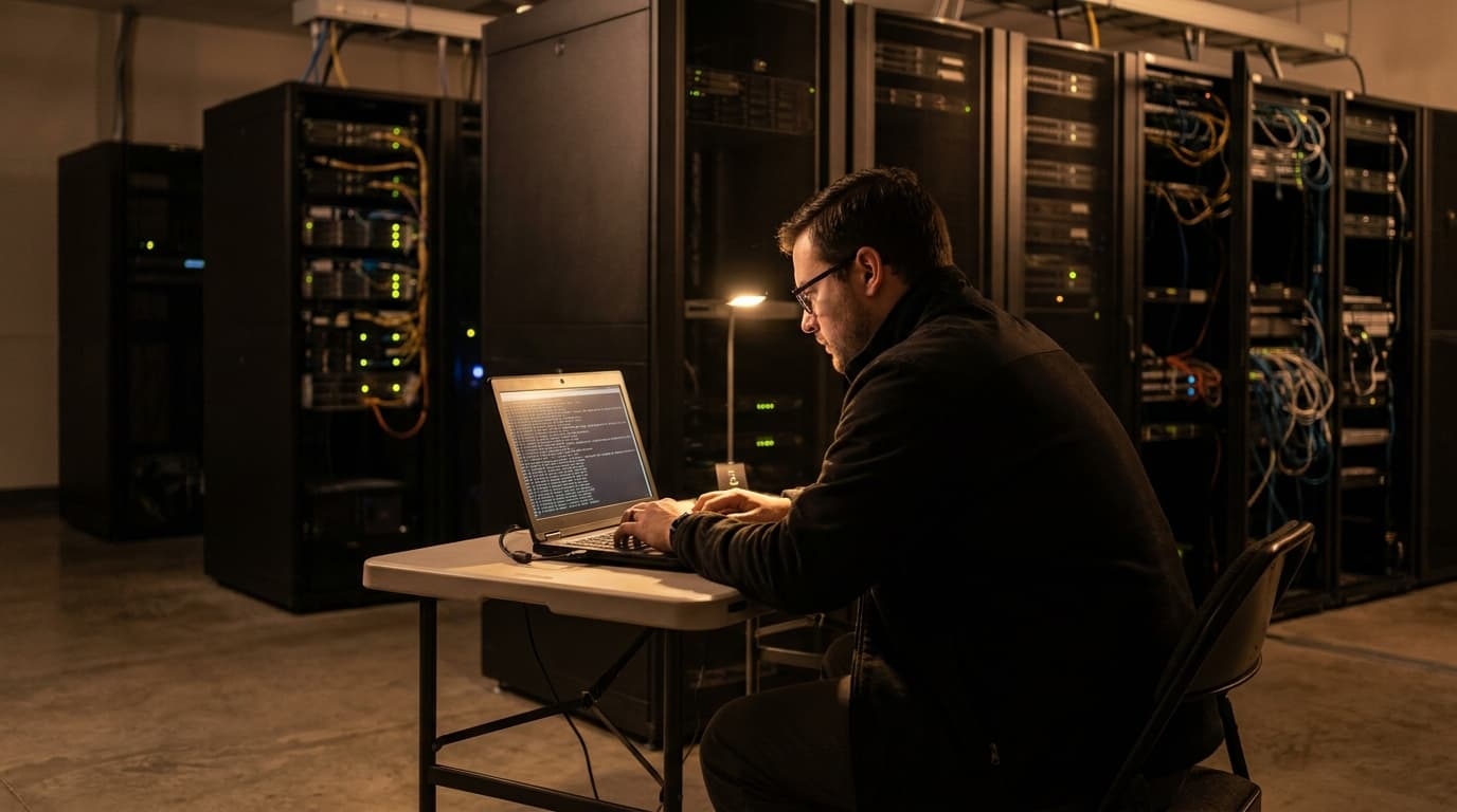 A security team member works on a laptop in a data center, responding to a critical system vulnerability.