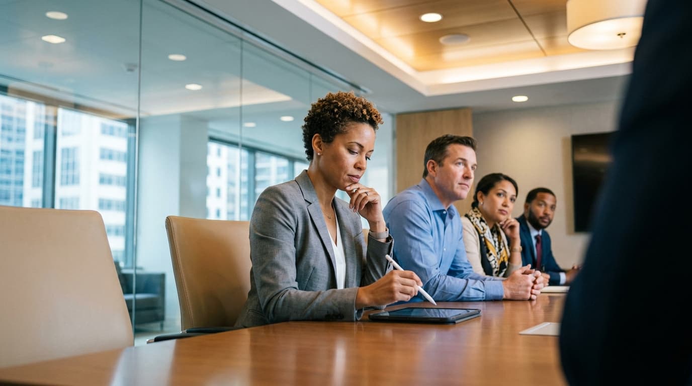 A business executive takes notes on a tablet during a meeting in a corporate conference room with colleagues.
