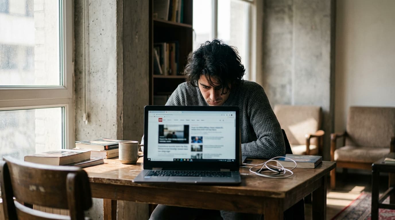A person in an apartment looks at a laptop on a desk as an internet page begins to load on the screen.