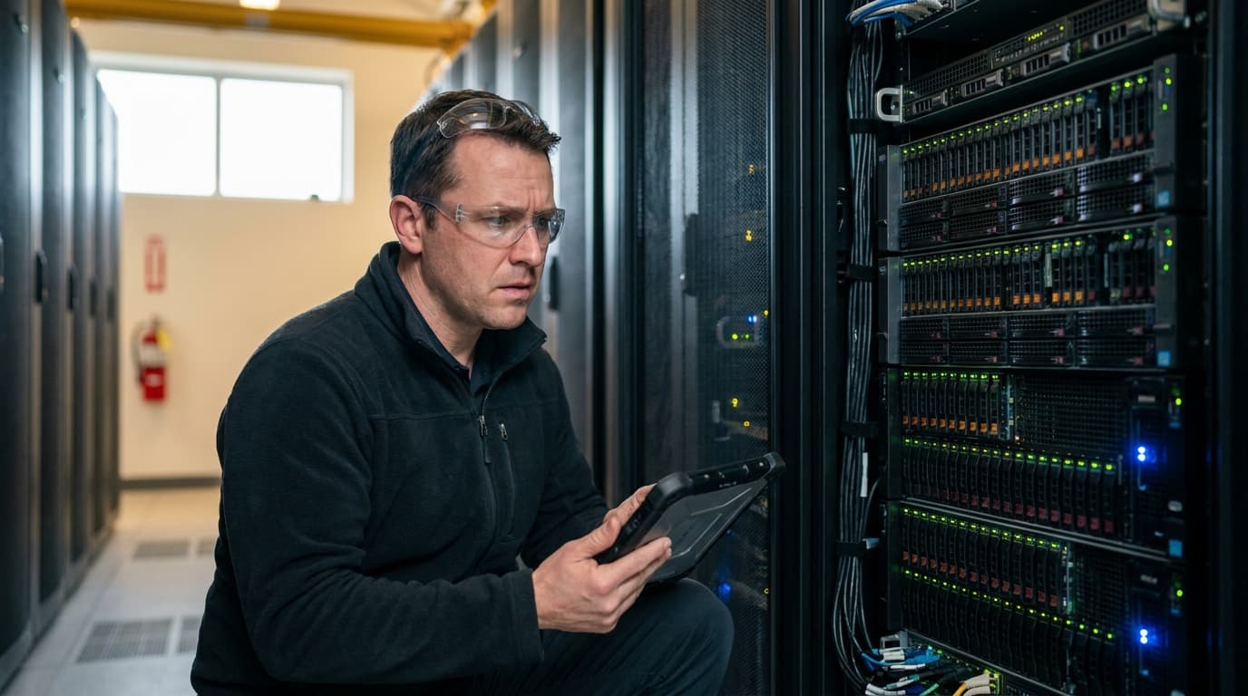 A security engineer stands in a data center aisle, looking at a server rack while holding a digital tablet.