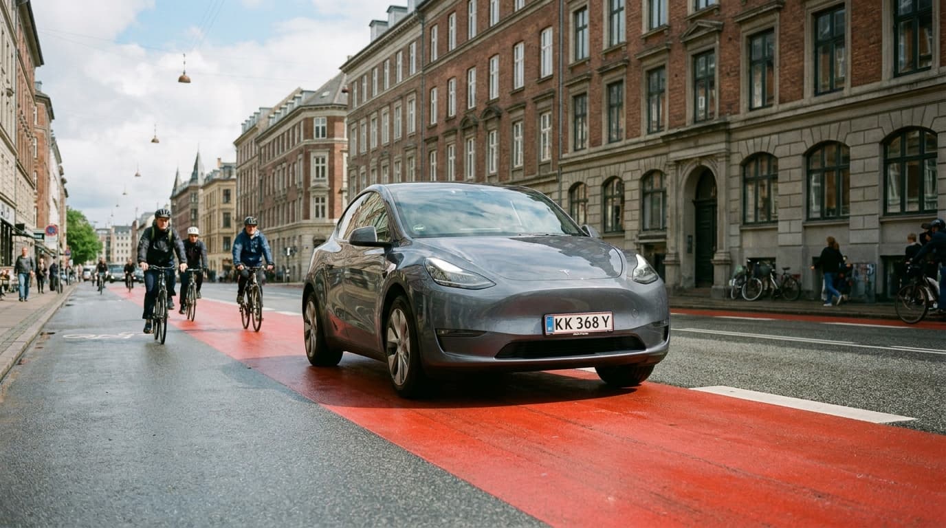 A Tesla car driving on a street in Copenhagen next to a red-painted bicycle lane, illustrating an urban driving environment.