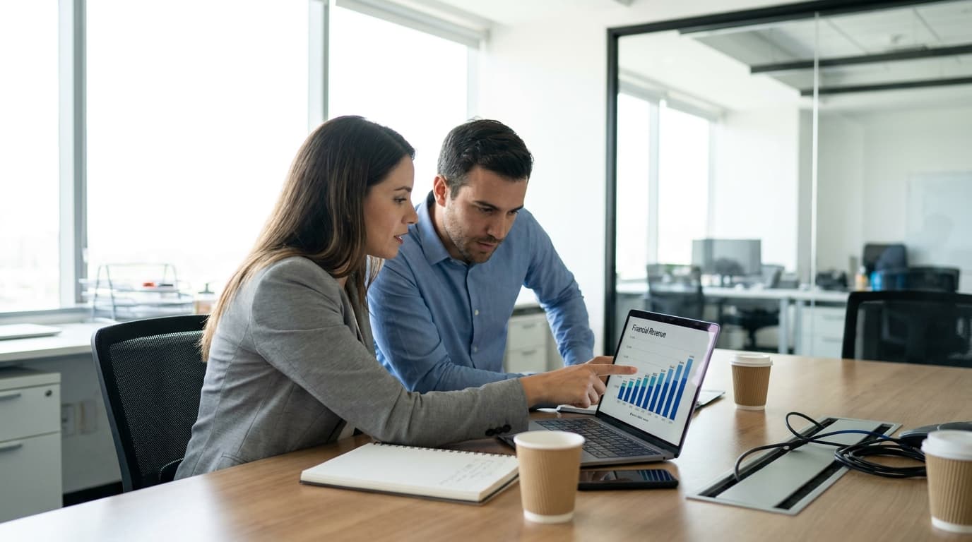 Two professionals in an office analyze a revenue dashboard on a laptop during a meeting.