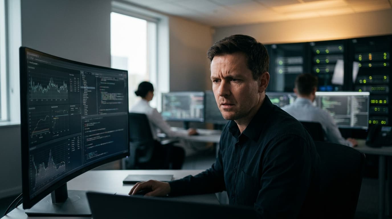 A security analyst in an office environment looks at a large computer screen showing security data with a worried expression.