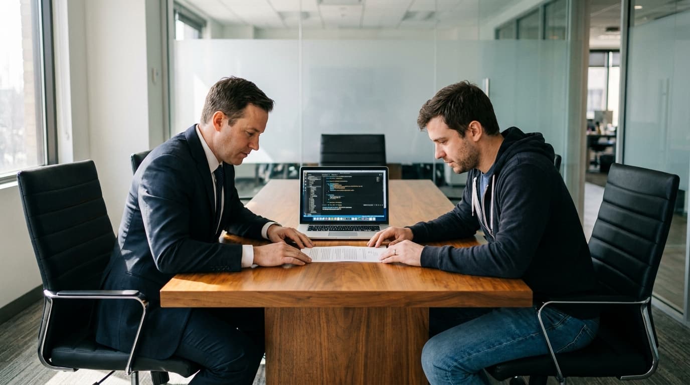 A lawyer and a developer review a legal document together at a table with a laptop displaying code.