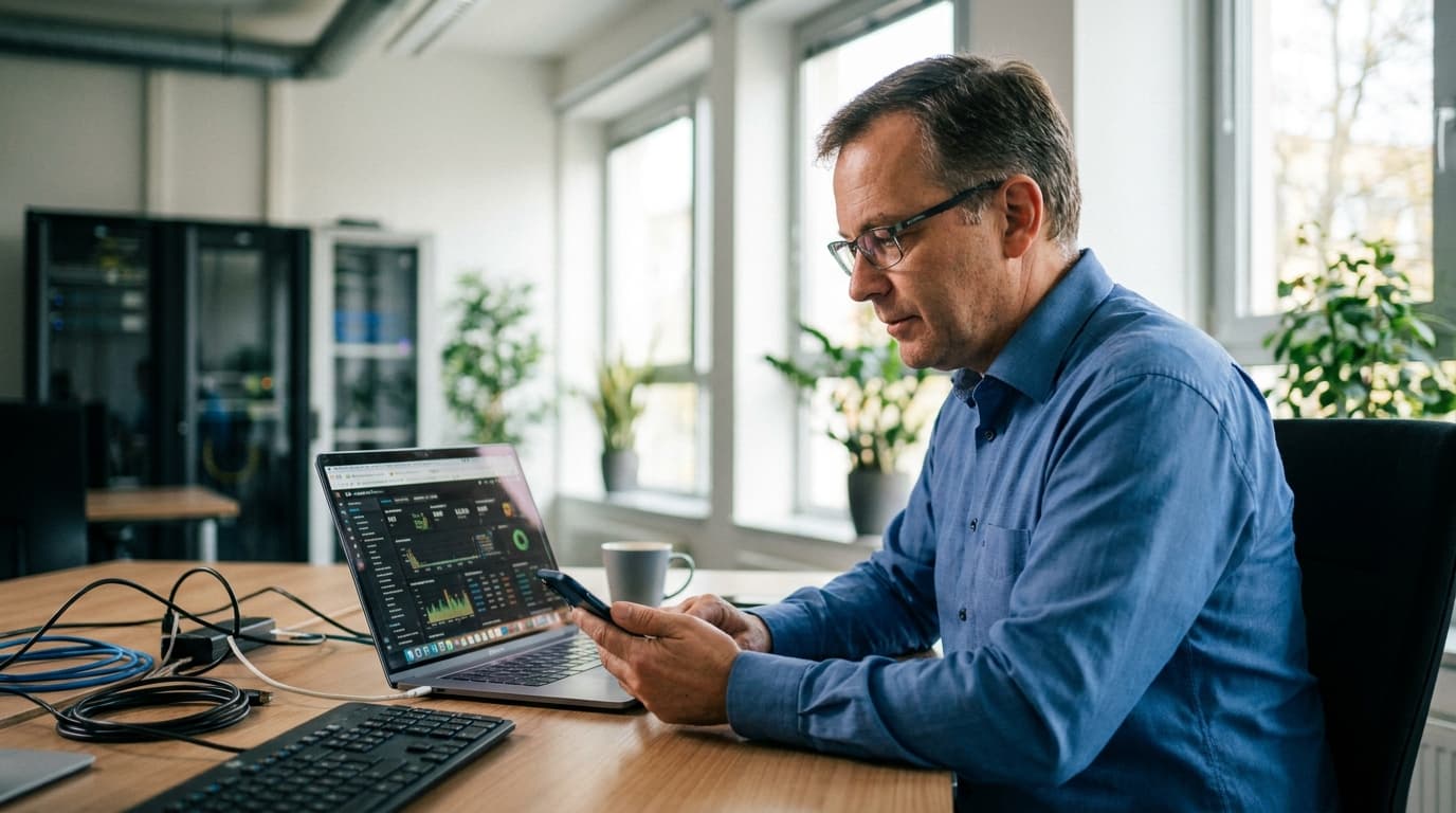 An IT professional holds a smartphone while examining a device management interface on a laptop in an office.