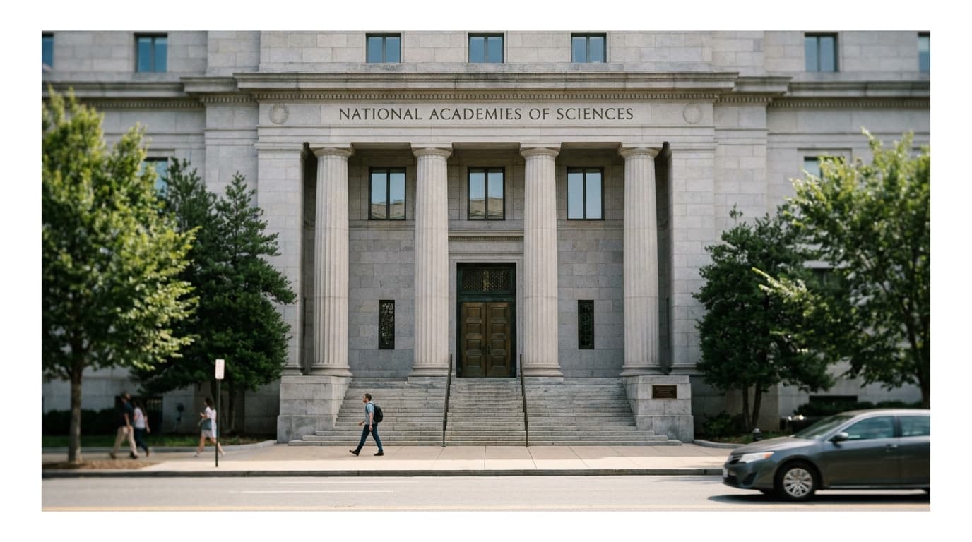 The neoclassical facade of the National Academies of Science building in Washington, D.C. on a clear day.
