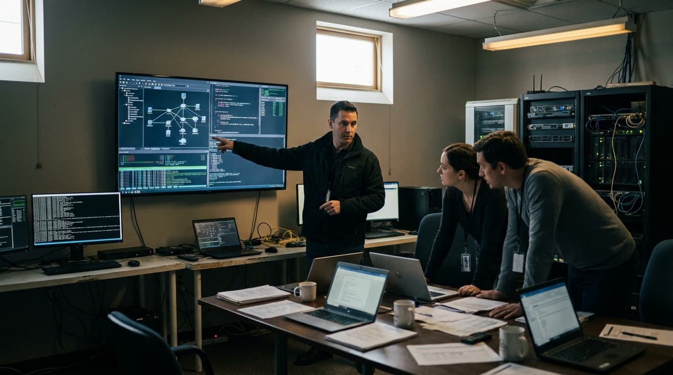 A team of cybercrime analysts in an operations center work together to track criminal activity on computer screens.