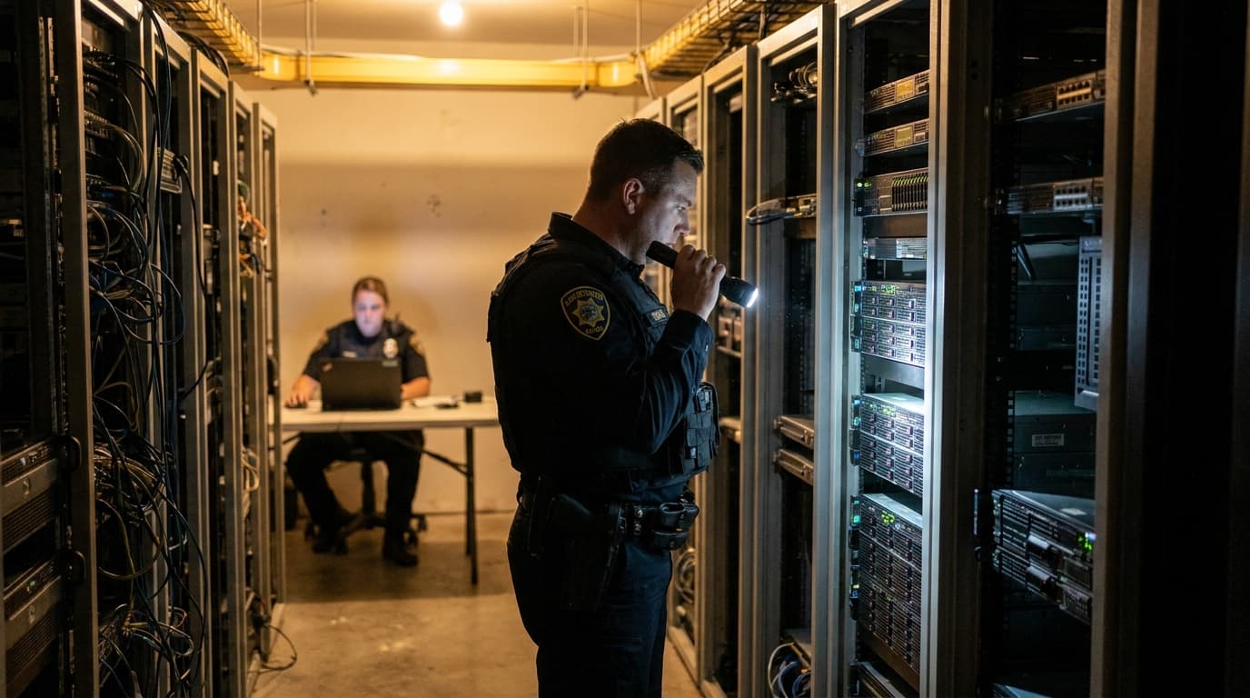 A law enforcement officer inspects computer servers in a data center during a cybercrime investigation.