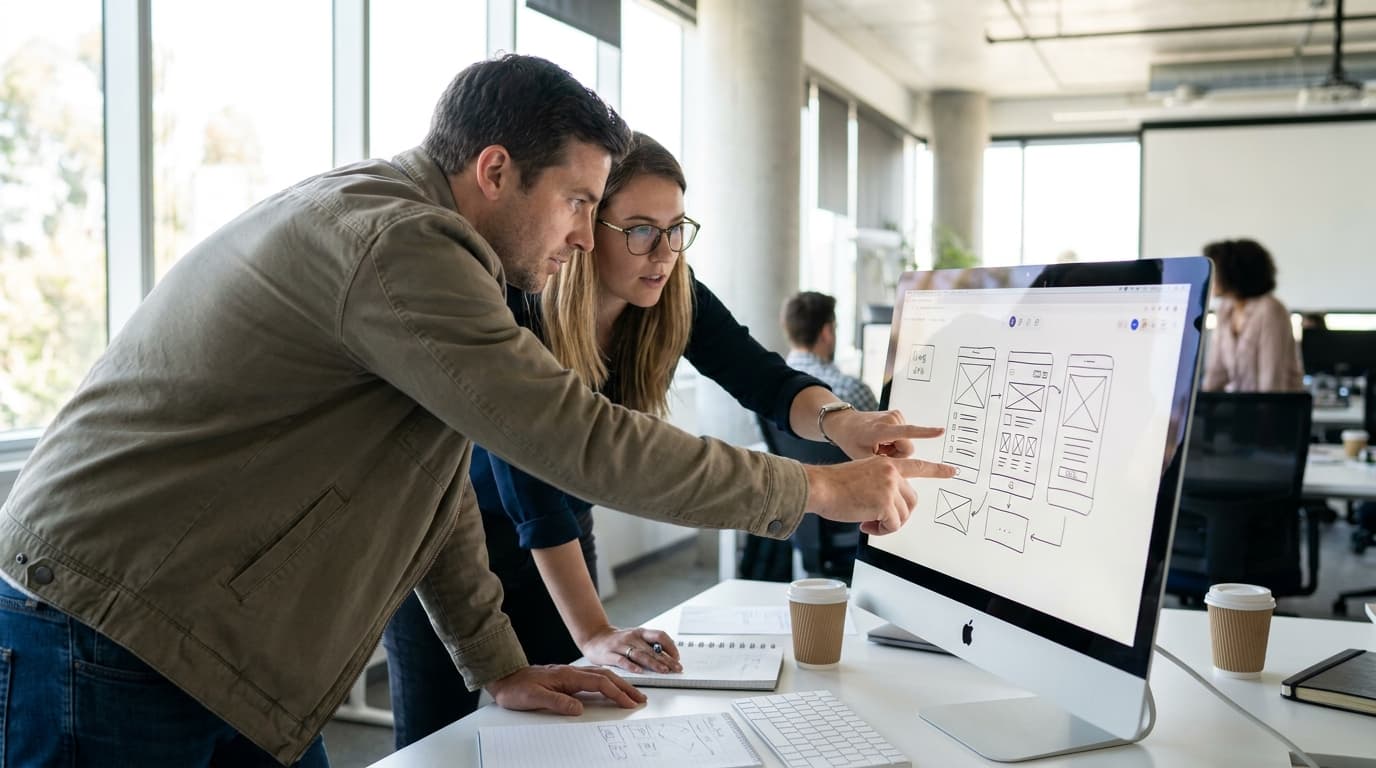 A security analyst and a user experience designer review security feature designs on a large monitor in an office.